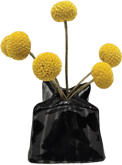 Black ceramic vase with yellow pom flowers